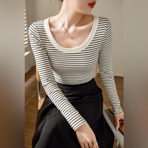 French Cotton White Strip Long Sleeve Top - Picture 4 of 5
